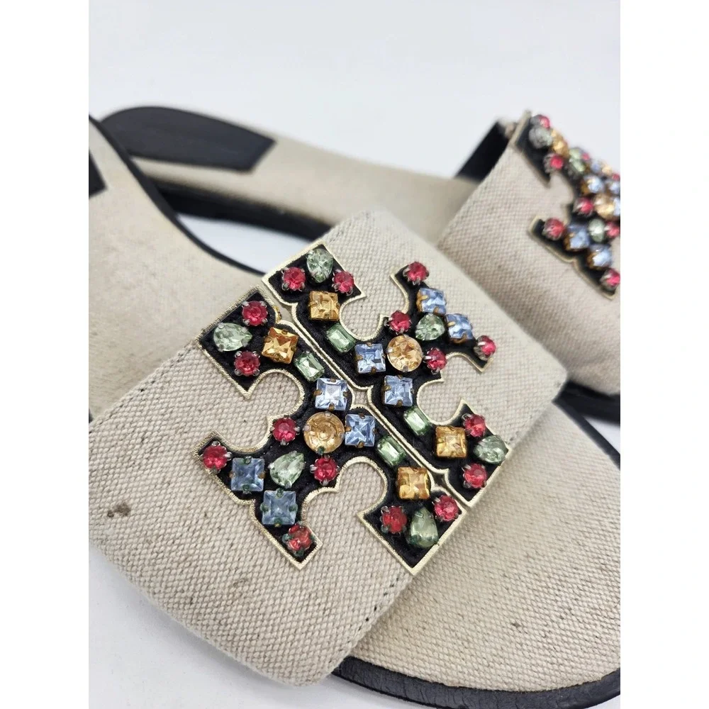 Tory Burch Ines Embellished Linen Slides Slip on Sandals in Natural Size 11